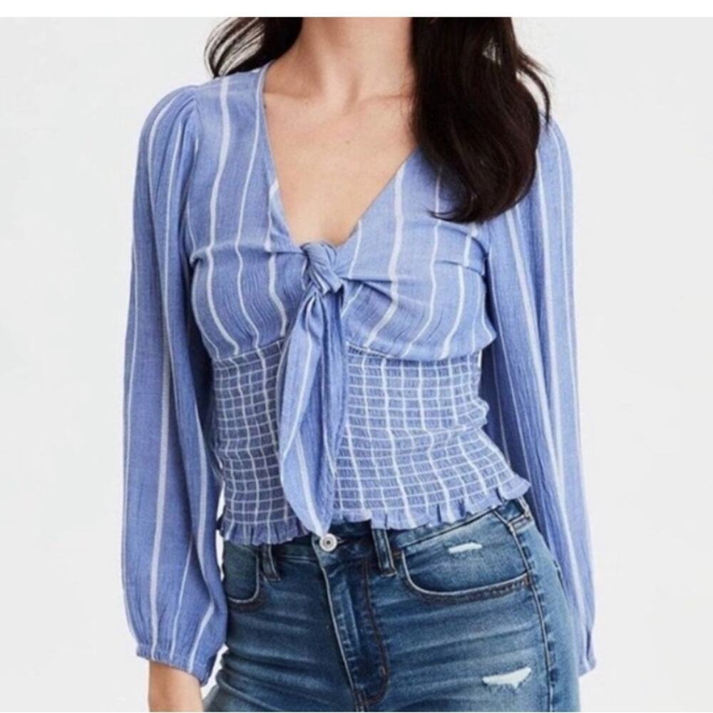 American Eagle Striped Smocked Bottom Tie Front Top Blue Size Medium